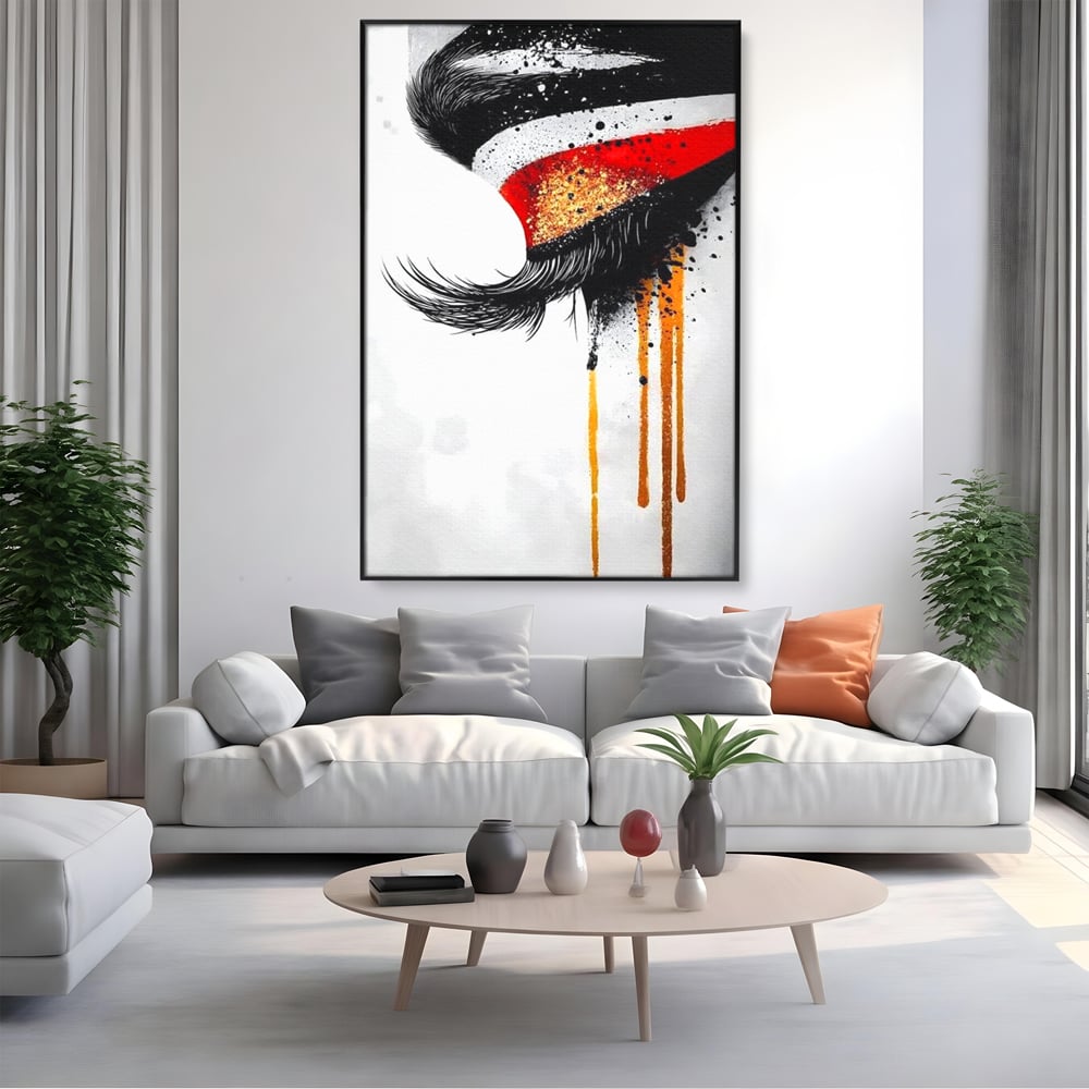 Tablou canvas cu tablou canvas cu ochi stilizat, in rama de aluminiu negru, pe perete intr-un living